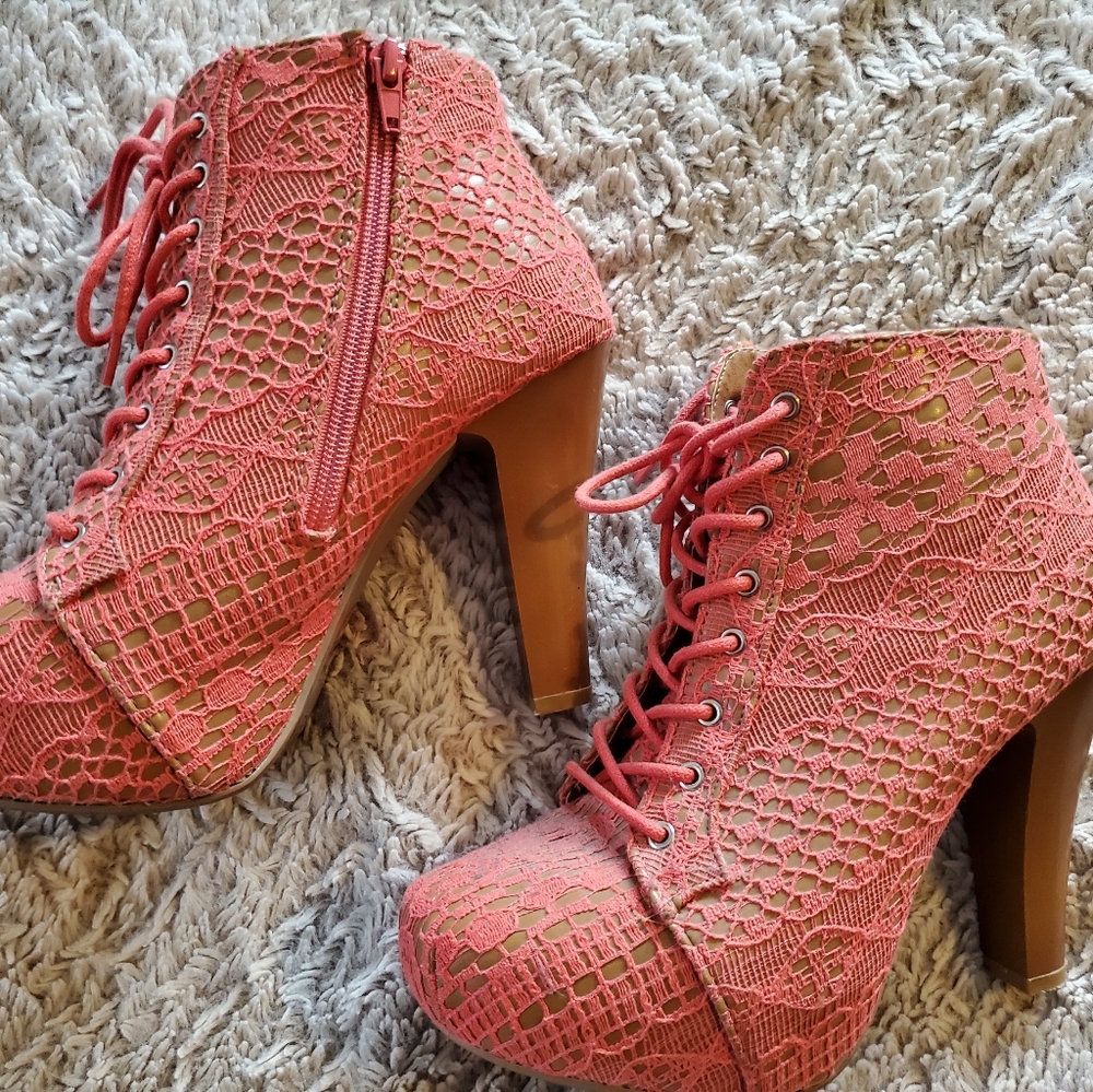 Peach lace booties